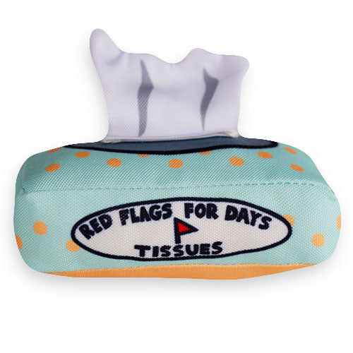 A tissue box cat toy with "Don't catch feelings" written on the box and a cord connecting it to a tissue with three blue drops and a small heart. An original from the Lucky Bubs pet store.