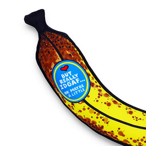 Close up of the fruit sticker on Brown Bananas are Gross dog toy