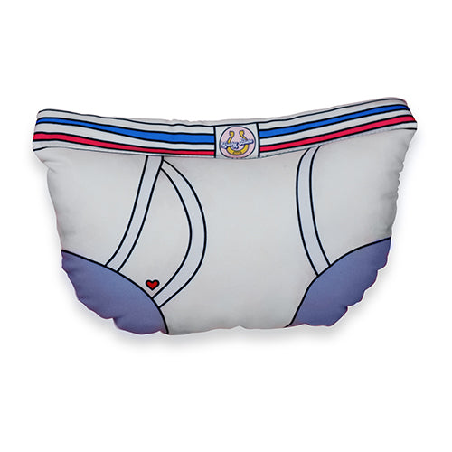  White briefs dog toy with blue and red stripes on the elastic. "Put your big boy panties on and deal" is written across the backside. An original from the Lucky Bubs pet store.